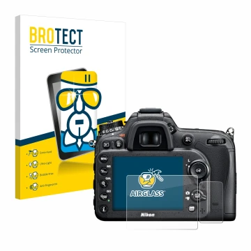 Vorderseite einer Produktverpackung mit dem Markenlogo BROTECT. Daneben ist das Gerät Nikon D7100 mit dem zugehörigen Displays