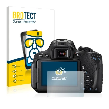 Vorderseite einer Produktverpackung mit dem Markenlogo BROTECT. Daneben ist das Gerät Canon EOS 700D mit dem zugehörigen Displ