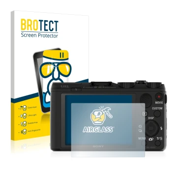 Vorderseite einer Produktverpackung mit dem Markenlogo BROTECT. Daneben ist das Gerät Sony Cyber-Shot DSC-HX50V mit dem zugehö