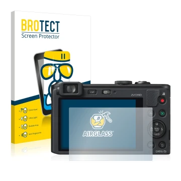 Vorderseite einer Produktverpackung mit dem Markenlogo BROTECT. Daneben ist das Gerät Panasonic Lumix DMC-LF1 mit dem zugehöri