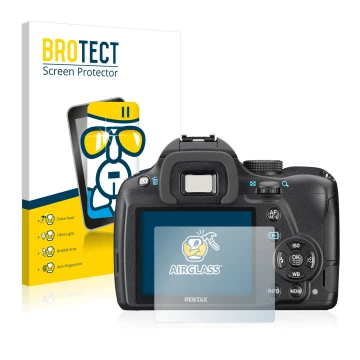 Vorderseite einer Produktverpackung mit dem Markenlogo BROTECT. Daneben ist das Gerät Pentax K-50 mit dem zugehörigen Displays