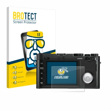 Vorderseite einer Produktverpackung mit dem Markenlogo BROTECT. Daneben ist das Gerät Leica X Vario mit dem zugehörigen Displa