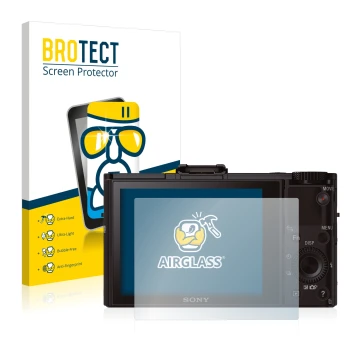 Vorderseite einer Produktverpackung mit dem Markenlogo BROTECT. Daneben ist das Gerät Sony Cyber-Shot DSC-RX100 II mit dem zug