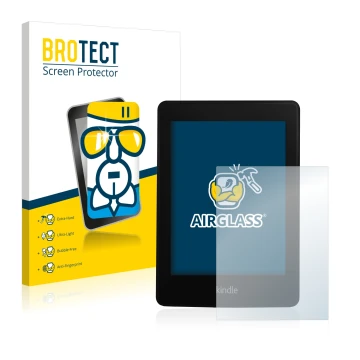 Vorderseite einer Produktverpackung mit dem Markenlogo BROTECT. Daneben ist das Gerät Amazon Kindle Paperwhite 2013 mit dem zu