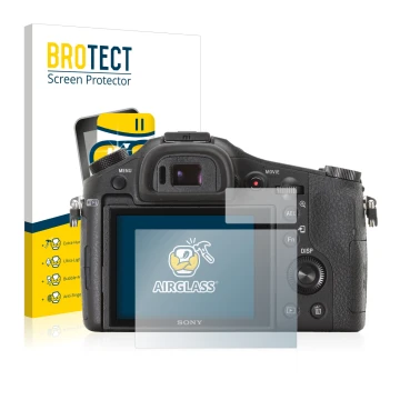 Vorderseite einer Produktverpackung mit dem Markenlogo BROTECT. Daneben ist das Gerät Sony Cyber-Shot DSC-RX10 mit dem zugehör