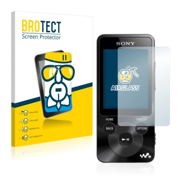 Vorderseite einer Produktverpackung mit dem Markenlogo BROTECT. Daneben ist das Gerät Sony Walkman NWZ-E585 mit dem zugehörige