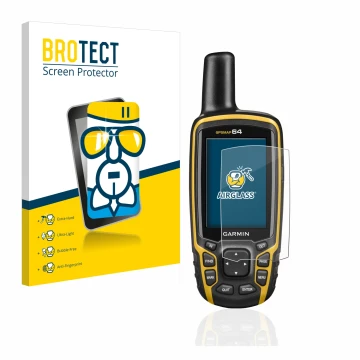 Vorderseite einer Produktverpackung mit dem Markenlogo BROTECT. Daneben ist das Gerät Garmin GPSMAP 64 mit dem zugehörigen Dis