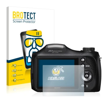 Vorderseite einer Produktverpackung mit dem Markenlogo BROTECT. Daneben ist das Gerät Sony Cyber-Shot DSC-H300 mit dem zugehör