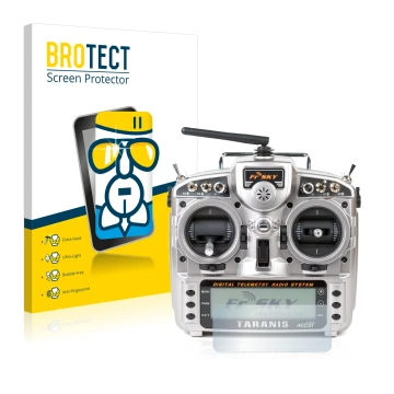 Vorderseite einer Produktverpackung mit dem Markenlogo BROTECT. Daneben ist das Gerät FrSky Taranis X9D mit dem zugehörigen Di