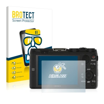 Vorderseite einer Produktverpackung mit dem Markenlogo BROTECT. Daneben ist das Gerät Sony Cyber-Shot DSC-HX60V mit dem zugehö