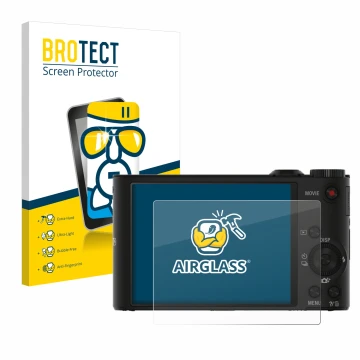 Vorderseite einer Produktverpackung mit dem Markenlogo BROTECT. Daneben ist das Gerät Sony Cyber-Shot DSC-WX350 mit dem zugehö
