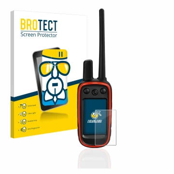Vorderseite einer Produktverpackung mit dem Markenlogo BROTECT. Daneben ist das Gerät Garmin Alpha 100 mit dem zugehörigen Dis