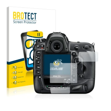 Vorderseite einer Produktverpackung mit dem Markenlogo BROTECT. Daneben ist das Gerät Nikon D4S mit dem zugehörigen Displaysch