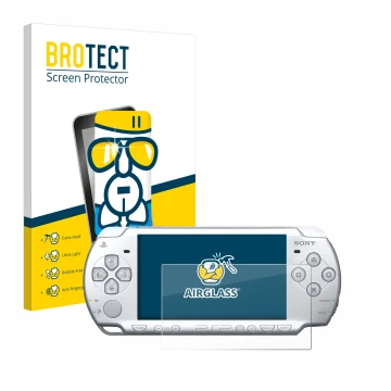 Vorderseite einer Produktverpackung mit dem Markenlogo BROTECT. Daneben ist das Gerät Sony PSP 2004 mit dem zugehörigen Displa