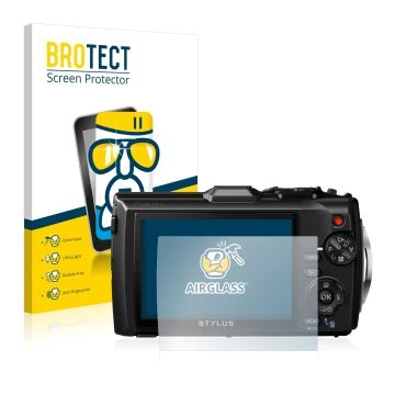 Vorderseite einer Produktverpackung mit dem Markenlogo BROTECT. Daneben ist das Gerät Olympus Stylus Tough TG-3 mit dem zugehö