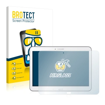 Vorderseite einer Produktverpackung mit dem Markenlogo BROTECT. Daneben ist das Gerät Samsung Galaxy Tab 4 10.1 SM-T530 mit de