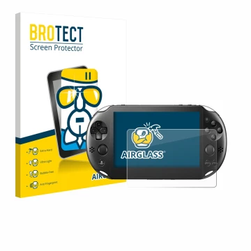 Vorderseite einer Produktverpackung mit dem Markenlogo BROTECT. Daneben ist das Gerät Sony Playstation PS Vita Slim mit dem zu