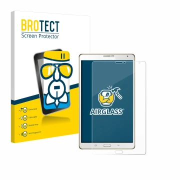 Vorderseite einer Produktverpackung mit dem Markenlogo BROTECT. Daneben ist das Gerät Samsung Galaxy Tab S 8.4 SM-T705 mit dem