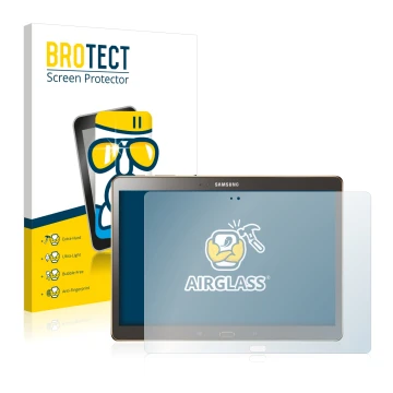 Vorderseite einer Produktverpackung mit dem Markenlogo BROTECT. Daneben ist das Gerät Samsung Galaxy Tab S 10.5 SM-T800 mit de