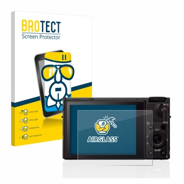 Vorderseite einer Produktverpackung mit dem Markenlogo BROTECT. Daneben ist das Gerät Sony Cyber-Shot DSC-RX100 III mit dem zu