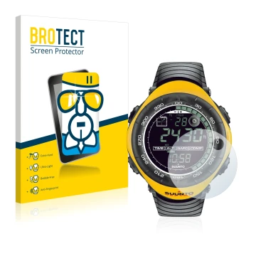 Vorderseite einer Produktverpackung mit dem Markenlogo BROTECT. Daneben ist das Gerät Suunto Vector Yellow mit dem zugehörigen