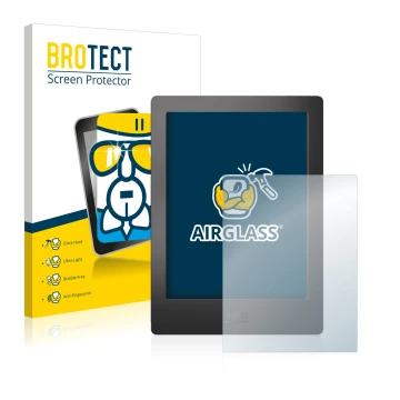 Vorderseite einer Produktverpackung mit dem Markenlogo BROTECT. Daneben ist das Gerät Kobo Aura H2O mit dem zugehörigen Displa