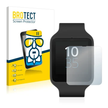 Vorderseite einer Produktverpackung mit dem Markenlogo BROTECT. Daneben ist das Gerät Sony Smartwatch 3 SWR50 mit dem zugehöri