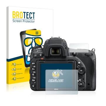 Vorderseite einer Produktverpackung mit dem Markenlogo BROTECT. Daneben ist das Gerät Nikon D750 mit dem zugehörigen Displaysc