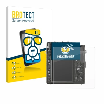 Vorderseite einer Produktverpackung mit dem Markenlogo BROTECT. Daneben ist das Gerät Fujifilm X10 mit dem zugehörigen Display