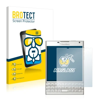 Vorderseite einer Produktverpackung mit dem Markenlogo BROTECT. Daneben ist das Gerät BlackBerry Passport mit dem zugehörigen 