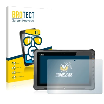 Vorderseite einer Produktverpackung mit dem Markenlogo BROTECT. Daneben ist das Gerät Getac F110 G5 mit dem zugehörigen Displa