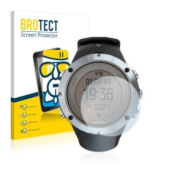 Vorderseite einer Produktverpackung mit dem Markenlogo BROTECT. Daneben ist das Gerät Suunto Ambit3 Peak Sapphire mit dem zuge