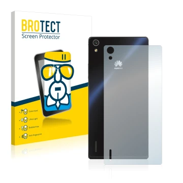 Vorderseite einer Produktverpackung mit dem Markenlogo BROTECT. Daneben ist das Gerät Huawei Ascend P7 (Rückseite) mit dem zug