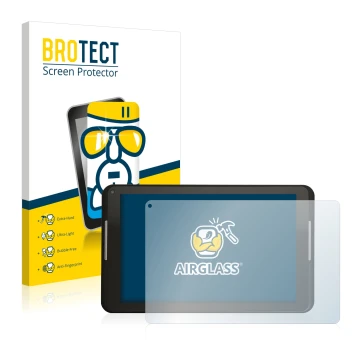 Vorderseite einer Produktverpackung mit dem Markenlogo BROTECT. Daneben ist das Gerät Xoro PAD 8W2 mit dem zugehörigen Display