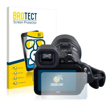 Vorderseite einer Produktverpackung mit dem Markenlogo BROTECT. Daneben ist das Gerät JVC GC-PX100BEU mit dem zugehörigen Disp