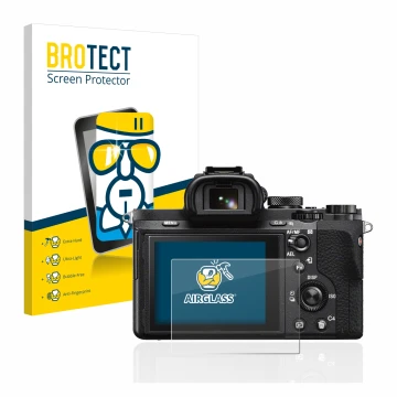 Vorderseite einer Produktverpackung mit dem Markenlogo BROTECT. Daneben ist das Gerät Sony Alpha 7 II (ILCE-7M2) mit dem zugeh