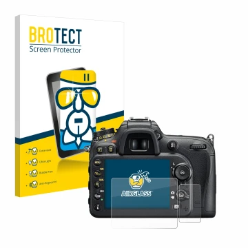 Vorderseite einer Produktverpackung mit dem Markenlogo BROTECT. Daneben ist das Gerät Nikon D7200 mit dem zugehörigen Displays