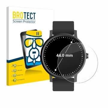 Vorderseite einer Produktverpackung mit dem Markenlogo BROTECT. Daneben ist das Gerät Armbanduhren (Kreisrund, ø: 44 mm) mit d