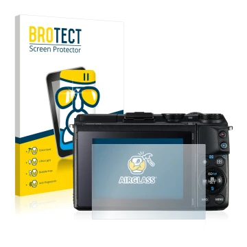 Vorderseite einer Produktverpackung mit dem Markenlogo BROTECT. Daneben ist das Gerät Canon EOS M3 mit dem zugehörigen Display