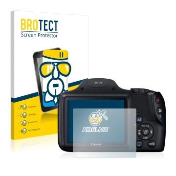 Vorderseite einer Produktverpackung mit dem Markenlogo BROTECT. Daneben ist das Gerät Canon PowerShot SX530 HS mit dem zugehör