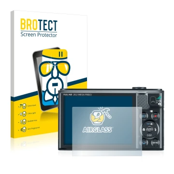 Vorderseite einer Produktverpackung mit dem Markenlogo BROTECT. Daneben ist das Gerät Canon PowerShot SX610 HS mit dem zugehör