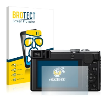 Vorderseite einer Produktverpackung mit dem Markenlogo BROTECT. Daneben ist das Gerät Panasonic Lumix DMC-TZ71 mit dem zugehör