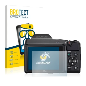 Vorderseite einer Produktverpackung mit dem Markenlogo BROTECT. Daneben ist das Gerät Nikon Coolpix L840 mit dem zugehörigen D