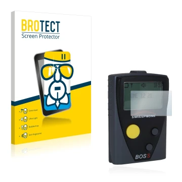 Vorderseite einer Produktverpackung mit dem Markenlogo BROTECT. Daneben ist das Gerät Swissphone Boss 925 V mit dem zugehörige