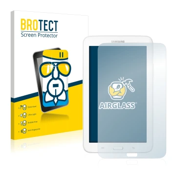Vorderseite einer Produktverpackung mit dem Markenlogo BROTECT. Daneben ist das Gerät Samsung Galaxy Tab 3 SM-T113 mit dem zug