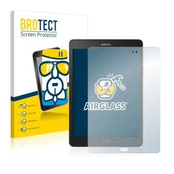 Vorderseite einer Produktverpackung mit dem Markenlogo BROTECT. Daneben ist das Gerät Samsung Galaxy Tab A 9.7 mit dem zugehör