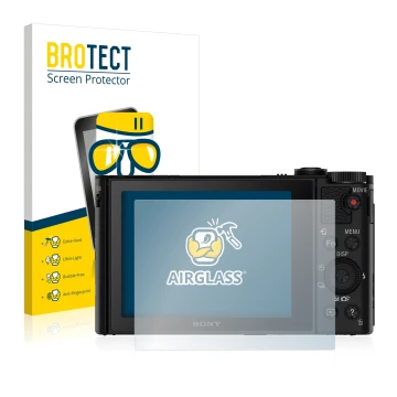 Vorderseite einer Produktverpackung mit dem Markenlogo BROTECT. Daneben ist das Gerät Sony Cyber-Shot DSC-HX90V mit dem zugehö