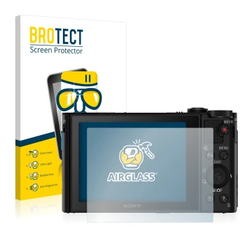 Vorderseite einer Produktverpackung mit dem Markenlogo BROTECT. Daneben ist das Gerät Sony Cyber-Shot DSC-WX500 mit dem zugehö