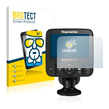 Vorderseite einer Produktverpackung mit dem Markenlogo BROTECT. Daneben ist das Gerät Raymarine Dragonfly 5 mit dem zugehörige