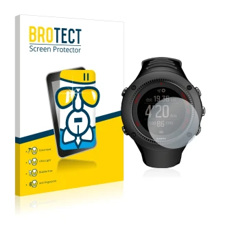 Vorderseite einer Produktverpackung mit dem Markenlogo BROTECT. Daneben ist das Gerät Suunto Ambit3 Run Black mit dem zugehöri